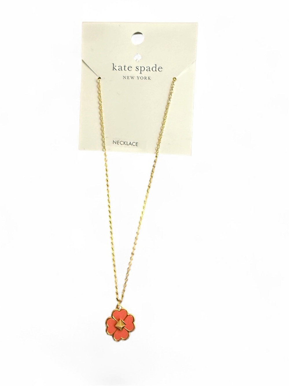 NWT Kate Spade gold-tone chain necklace with Coral Enamel Clover